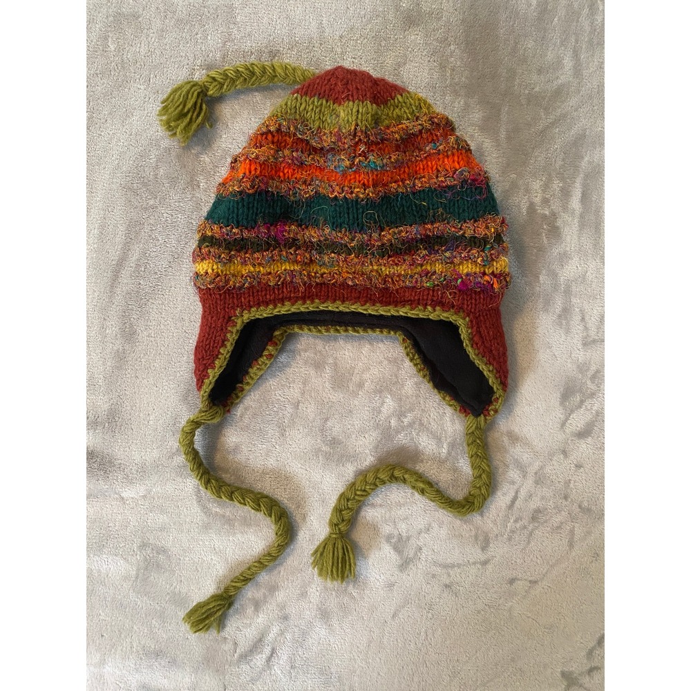 Rising Tide Beanie Unisex Multicolor Wool Silk Earflap Hat Nepal Boho Trapper